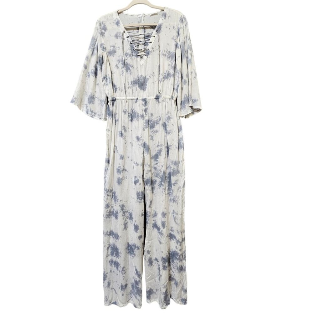 En Creme Jumpsuit Womens L Gray Tie Dye Lace Up V-Neck Flare Sleeve Wide…